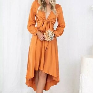 Esther & Co Elegant Orange Satin Midi Dress